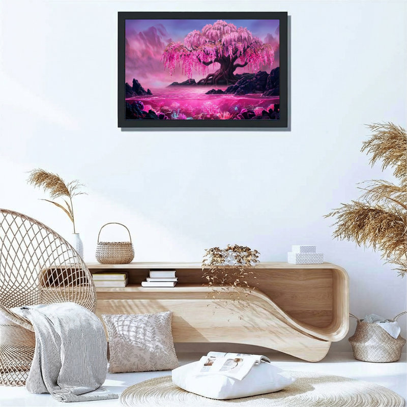 Ensemble de 1 tableau sur toile tendue représentant un paysage fantastique d'arbres en fleurs de cerisier roses