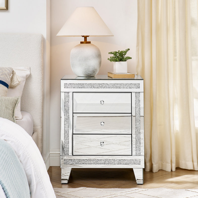 Commode à tiroirs, armoire à miroir à trois tiroirs argentée, armoire de rangement multifonctionnelle