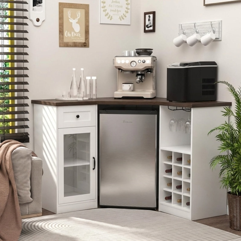 Armoire de coin avec réfrigérateur, coin café avec station de charge, armoire à vin en forme de L pour la maison (réfrigérateur non inclus)