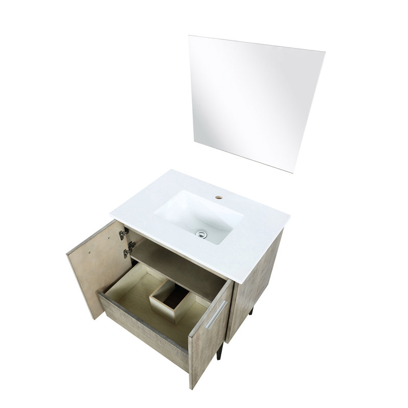 30 po Meuble-lavabo large avec surface en quartz blanc, miroir de 28 po, fonction silencieuse à fermeture silencieuse et comptoir au design fonctionnel, durable et durable