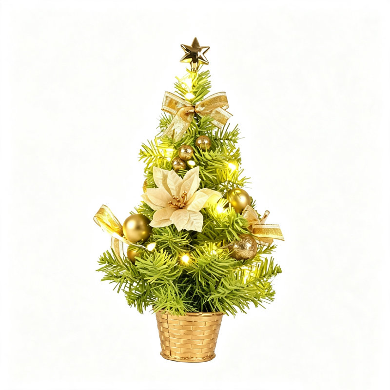 Mini arbre de Noël de bureau avec lumière DEL, pin de Noël de 17,7 po avec étoile en forme de boule de pin et boules de Noël pour ornement cadeau, Golden