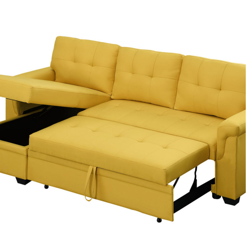 Canapé-lit modulaire réversible en lin avec méridienne avec rangement, Lin jaune, Orienté à gauche (vu de face), Noir
