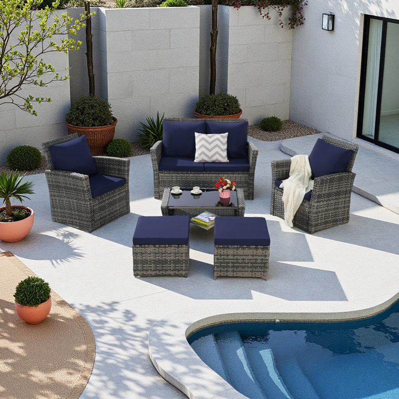 3 Piece Patio Furniture Set, Outdoor Wicker Sofa Rattan Patio Conversation Sets, All-Weather PE Wicker Furniture Sets With Two Ottoman For Porch, Backyard, Balcony