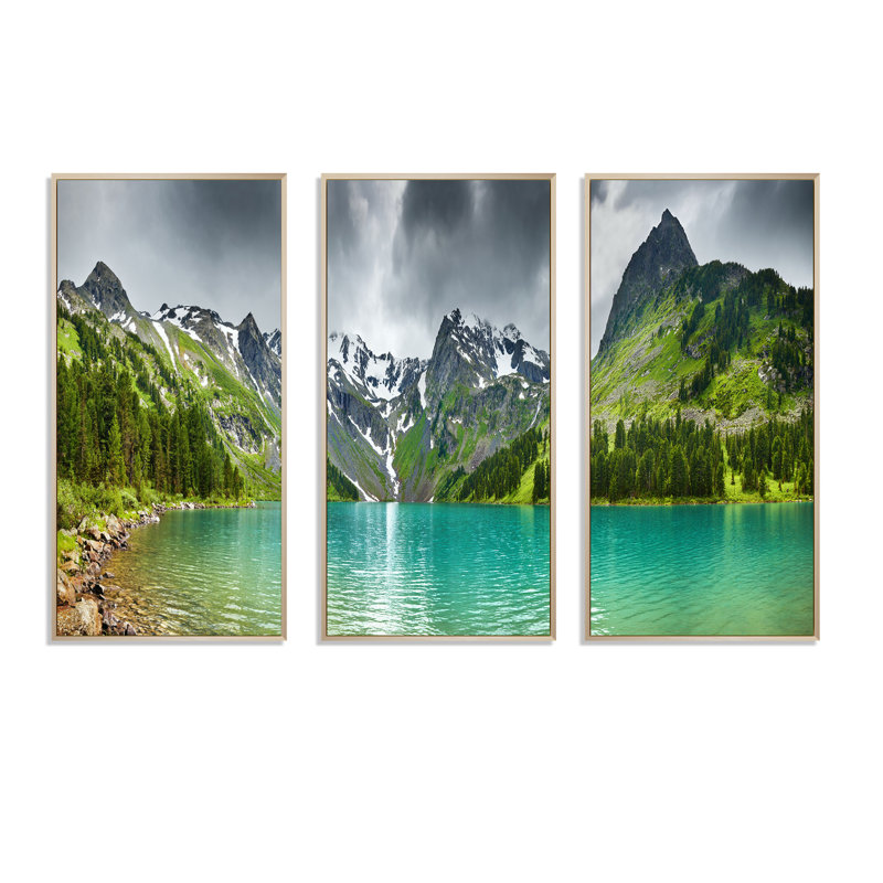 «Mountain Lake Panorama», ensemble de 3 toiles encadrées, H 28 po x l 36 po x P 1 po, Encadrement brun