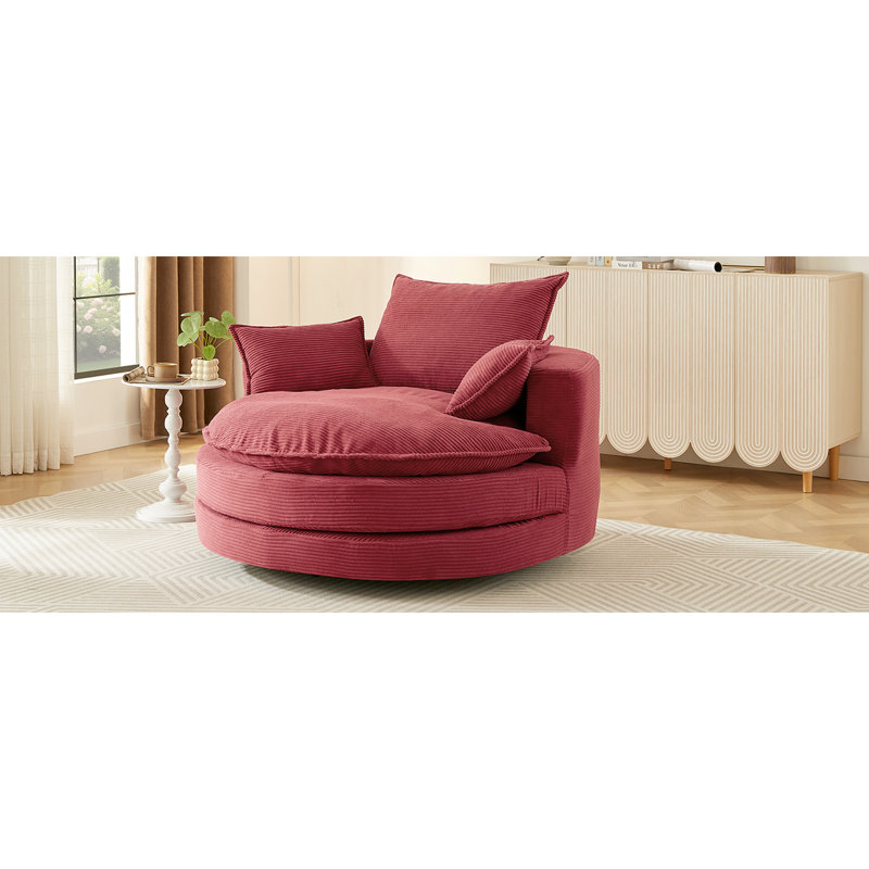 Fauteuil d'appoint pivotant rond rouge 360 avec coussin double couche, coussin de soutien, mécanisme silencieux, tissu en velours côtelé pour faire la sieste dans le salon de bureau d'une profondeur de siège de 38 pouces, 3 coussins amovibles, lecture douce