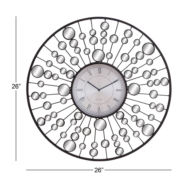 Black Metal Starburst Wall Clock with Mirrored Accents, 26"