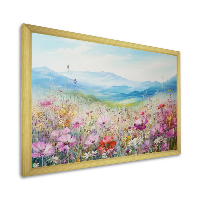 Champ de fleurs roses saisonnières en montagne IV, Cadre doré simple, H 30 po x l 40 po x P 1,5 po