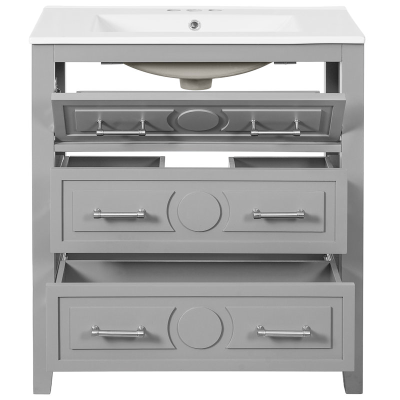 Meuble-lavabo simple de 30 po, lavabo en céramique, structure en bois massif, 3 tiroirs, conception classique, haute qualité, assemblage facile, meuble-lavabo gris Spill Hole, profondeur, trois espaces de rangement polyvalents