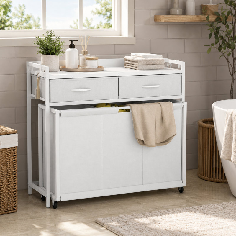 3-Section Rolling Laundry Hamper with 2 Drawers, Storage Shelf, 4 Hooks & Wheels, Laundry Sorter Cart for Laundry Room Organization