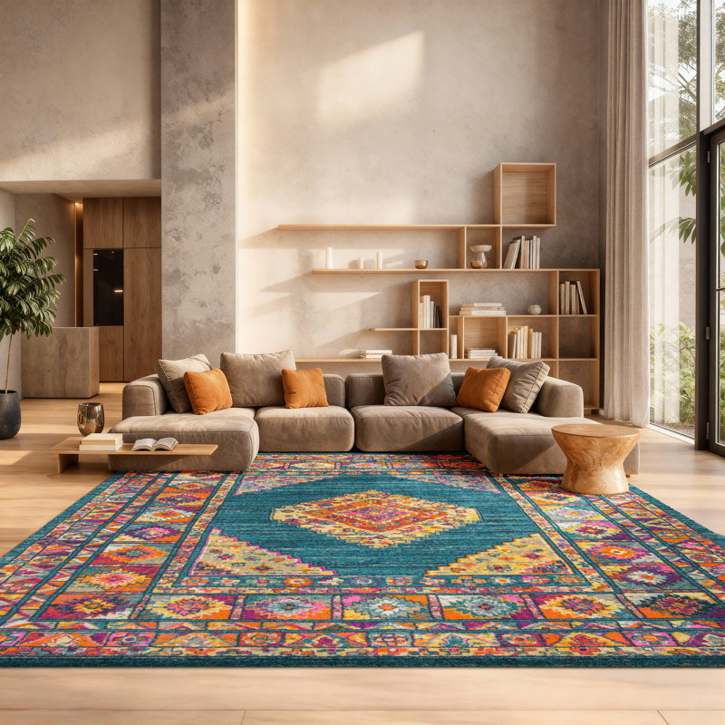 Felty Oriental Light Blue/Orange Area Rug, Rectangle 8' x 10'