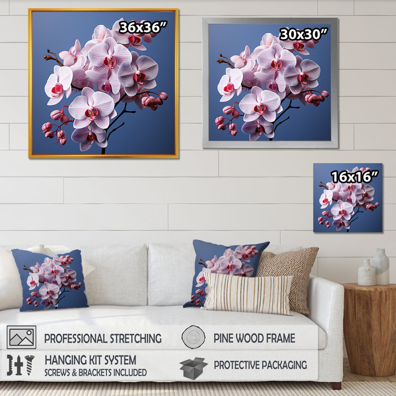 Orchidées mauves I - orchidées murales, Cadre simple blanc, H 24 po x l 24 po x P 1 po