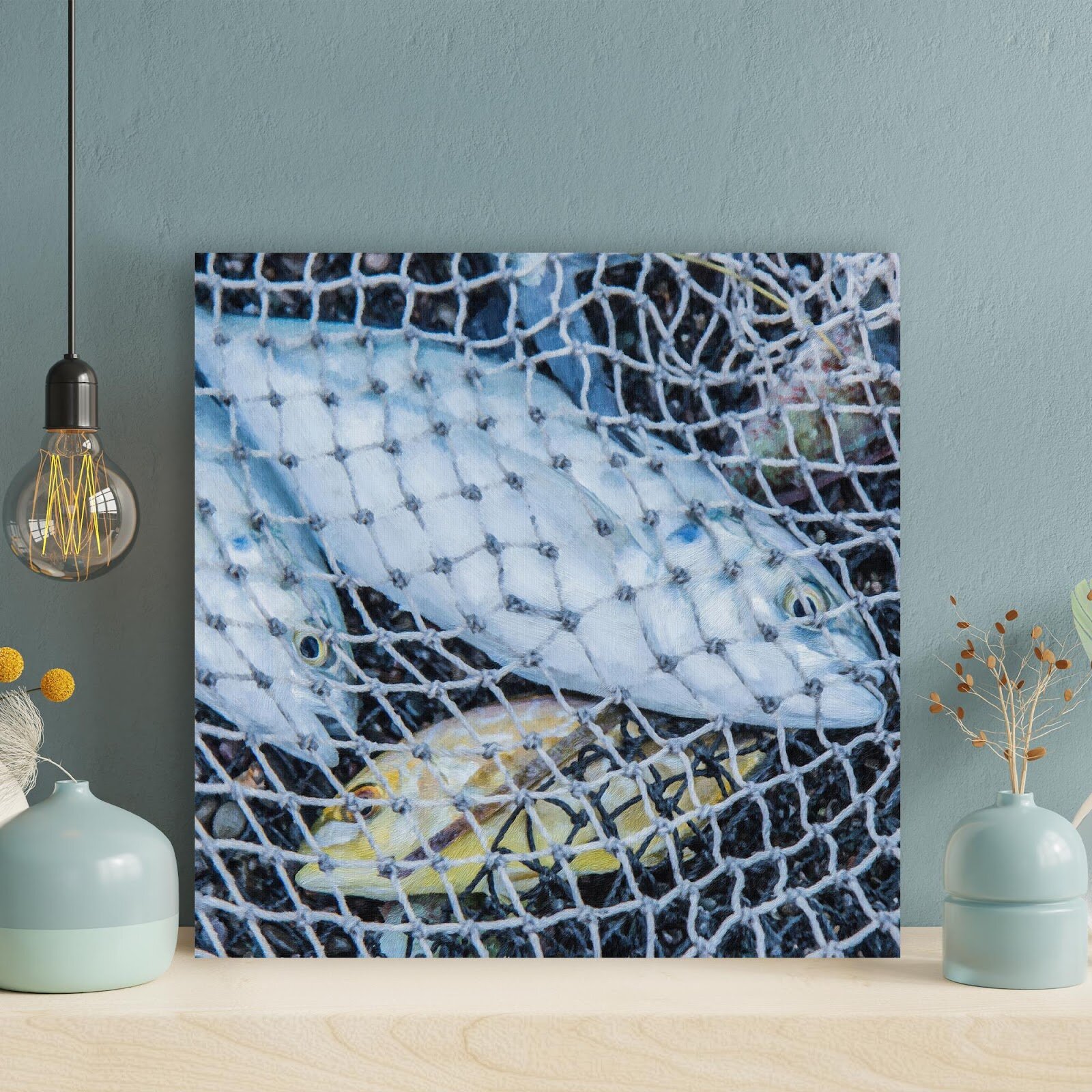 Some Fish in Fishing Net - 1 Piece Square Graphic Art Print On Wrapped Canvas Rosecliff Heights Size: 16 H x 16 W