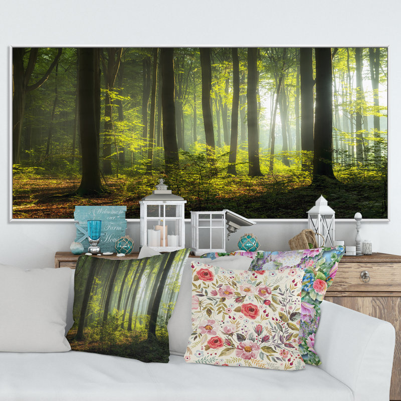 Mystic Morning Forest Sunrise - œuvre d'art sur toile traditionnelle, H 16 po x l 32 po x P 1 po, Cadre blanc