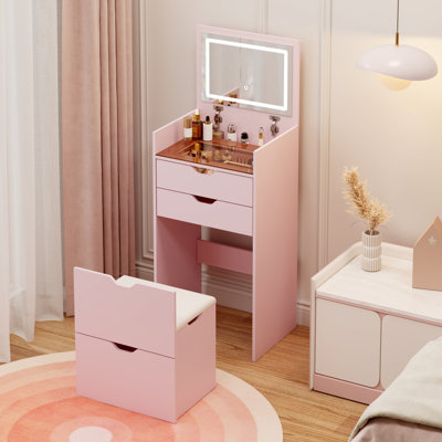 Ensemble de meuble-lavabo compact 17,9 "avec miroir lumineux et tabouret de rangement, rose