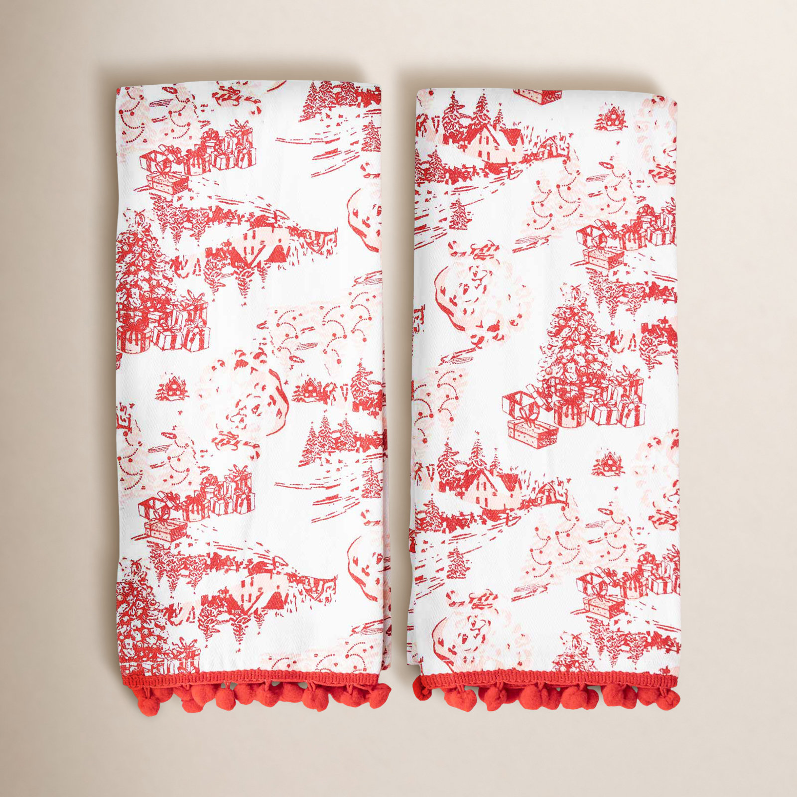 Santa Toile Pom Pom Kitchen Towel