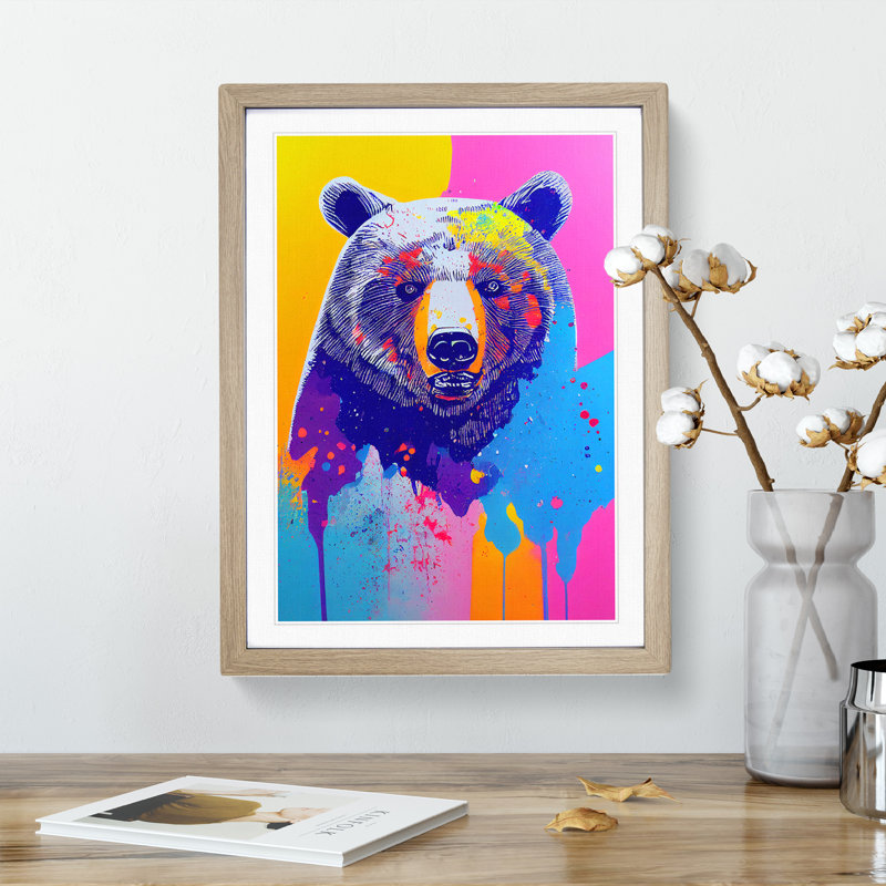 Colourful Bear No.1 - Wall Art, 36cm H x 27cm W x 2cm D, Oak Framed, White