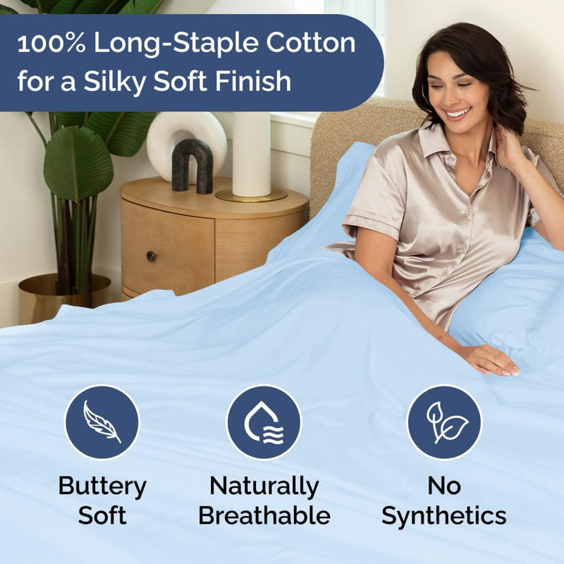 Drap en coton 400 fils - Drap rafraîchissant, respirant et doux, Très grand lit, Bleu clair