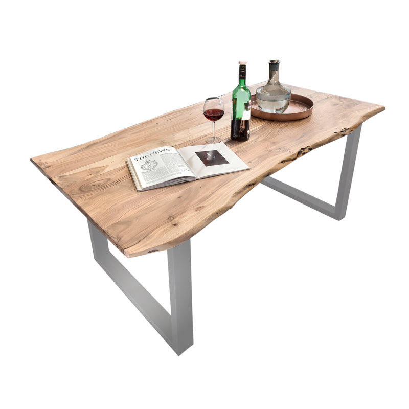 Brigham Acacia Solid Wood Dining Table, Matt brushed nickel, Walnut, 78cm H x 160cm W x 85cm L