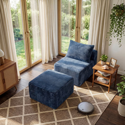 Fauteuil d'appoint 2 pièces en velours côtelé avec repose-pieds, ensemble de fauteuil sans accoudoirs et repose-pieds pour composants modulaires, méridienne profonde pour salon, sans assemblage - bleu