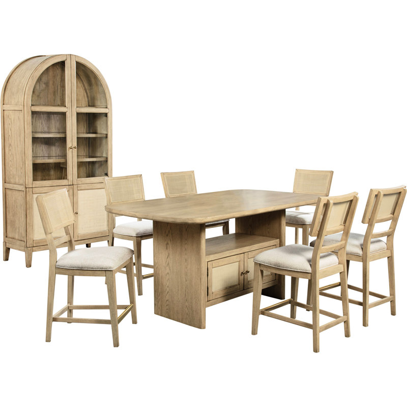 Table de salle à manger à 8 comptoirs en chêne beige, table rectangulaire, chaises rembourrées et vitrine pour chambre rustique-chic