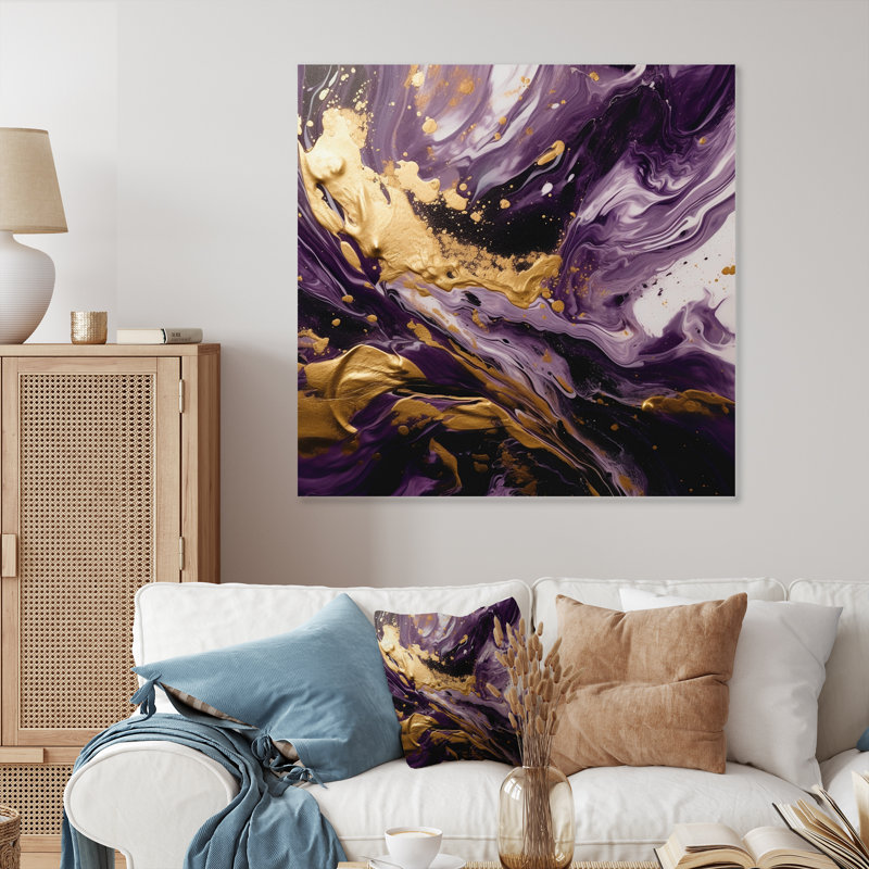 Magie liquide mauve et or I - Impression abstraite sur métal, H 23 po x l 23 po x P 1 po