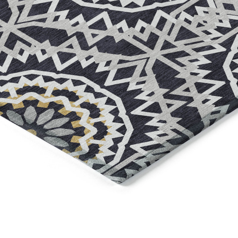 Tapis extérieur lavable à motif de médaillon noir ivoire et gris 3 pi x 5 pi