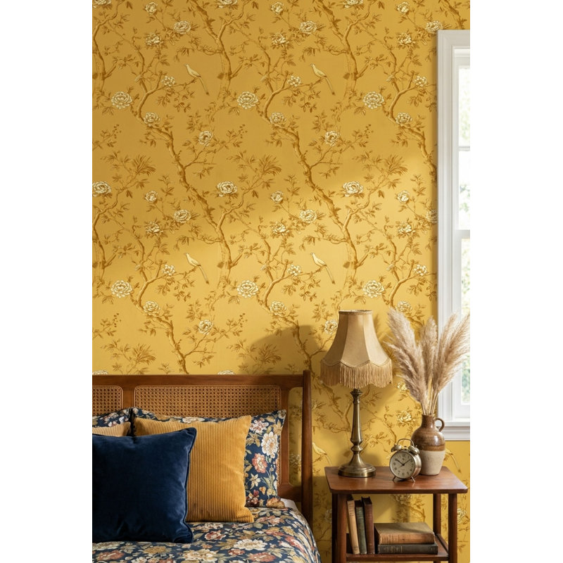 Papier peint floral, décoration murale oiseau jaune amovible