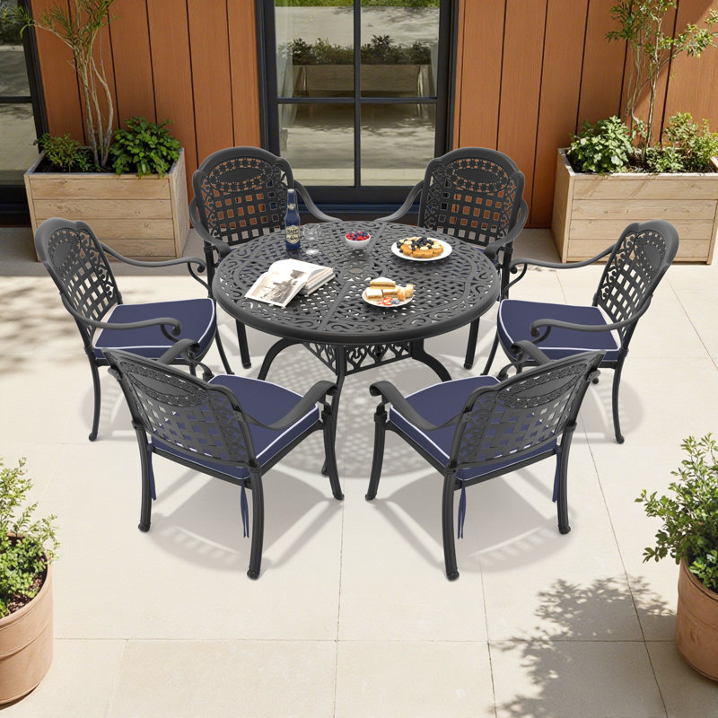 6-Person Round Outdoor Dining Set With Blue Color Cushion, 7 Pieces: Table, 6 Chairs, 28.35" H x 48" W x 48" D