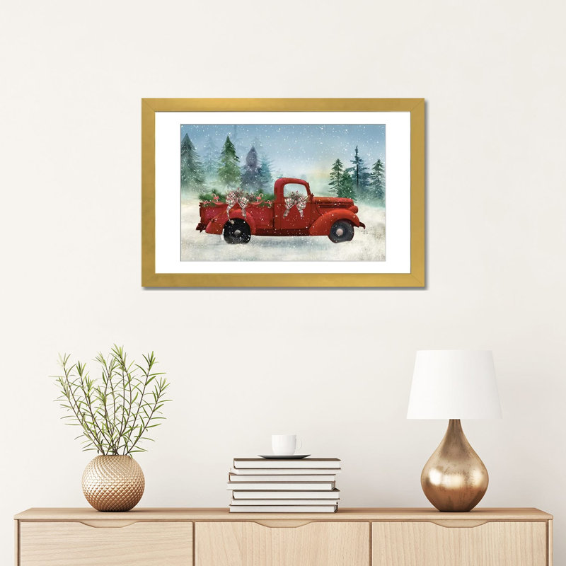 Red Truck Winter - reproduction d'art murale - papier d'art encadré, H 16 po x l 24 po, Doré