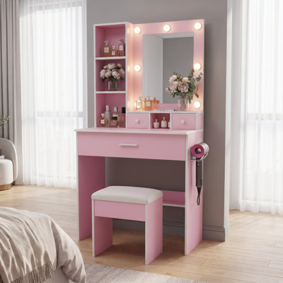 Vanity Table with LED Lighted Mirror, Power Outlet, Hair Dryer Holder & Stool, Makeup Vanity Desk with Storage for Bedroom