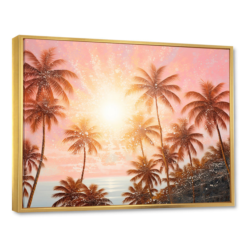 «Rose Radiance Sunset Palm Trees III», reproduction sur toile, Cadre flottant doré, H 34 po x l 44 po x P 1,5 po