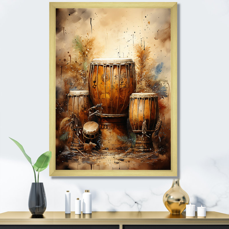 «Djembe Journey Earthy Umber I», reproduction sur toile, Cadre doré simple, H 40 po x l 30 po x P 1,5 po