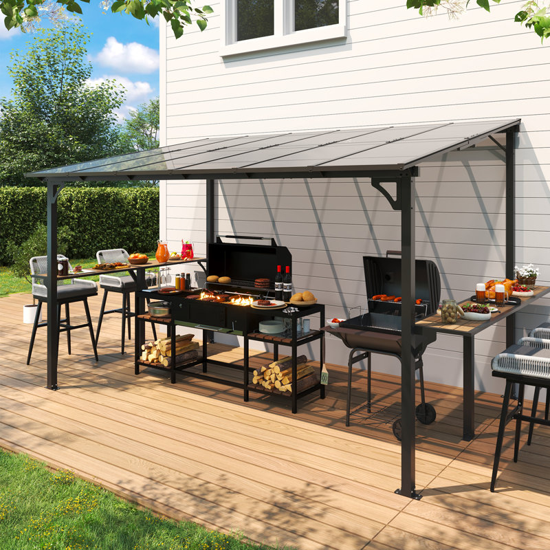 Meissalivve 8' X 12' Wall Mounted Gazebo, Outdoor Bbq Grill Gazebo With Side Shelf, Lean To Metal Awnings With Sloped Roof, Heavy Duty Pergola For Backyard, Deck, Black