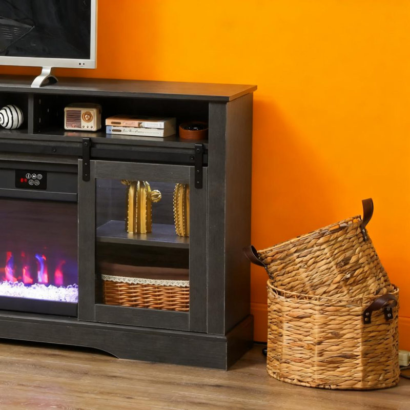 Console télé avec foyer électrique, rangement ouvert et armoires latérales, Gray