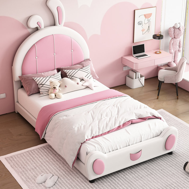 Lit plateforme tapissier avec tête de lit en forme de lapin