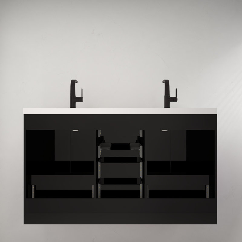 Carla 59.4 Inches Freestanding Bathroom Vanity With Double Sink, Gloss Black