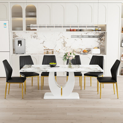 71" Rectangular Dining Table Set For 6 Featuring A Faux Marble Tabletop Paired With PU Leather Chairs. This 7-Piece Dining Set Is Suitable For Homes, Restaurants, And Office Spaces.