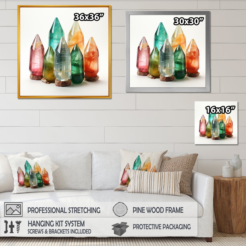 Fleurs spirituelles vertes et oranges - Art mural en pierre spirituelle, Cadre doré simple, H 16 po x l 16 po x P 1 po