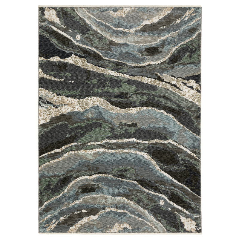 Maline Abstract Waves Blue/ Green Area Rug, Rectangle 3'3" x 5'