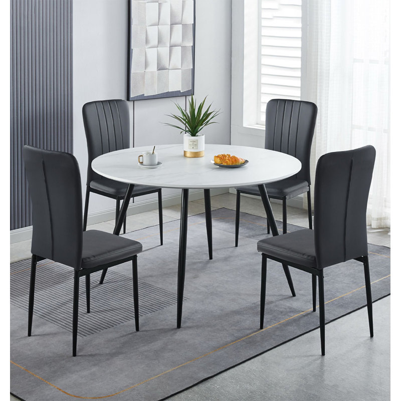 Cullompton Large Round Dining Table 120Cm, Effect Top, With 4 Black Faux Leather High Back Chairs, White