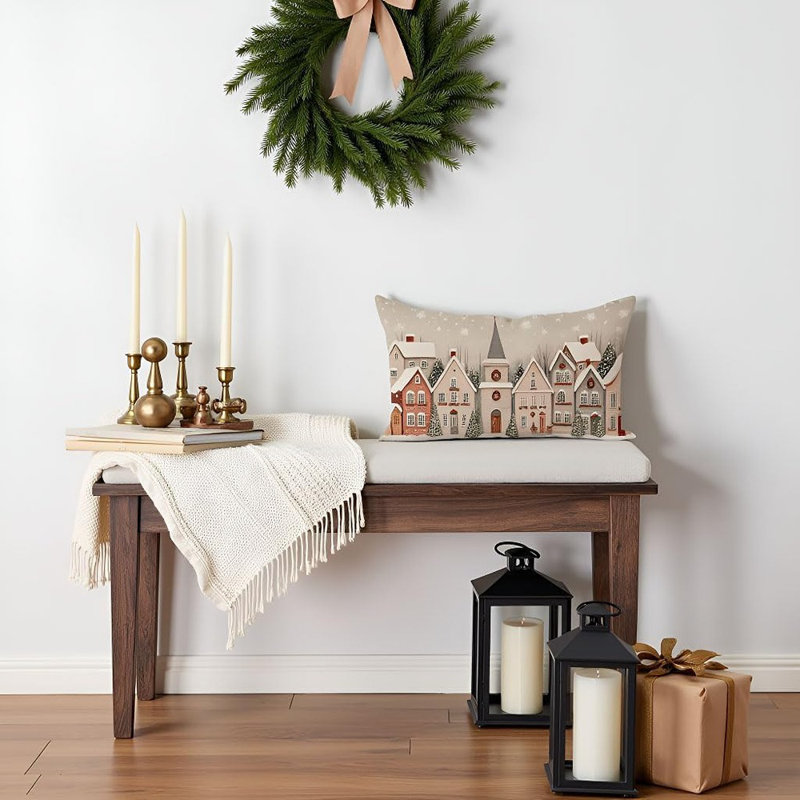 Housse de coussin de Noël 12 x 20 pouces, housse de coussin lombaire beige Snow Village