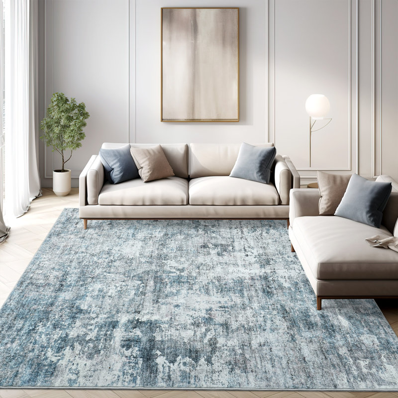Tapis lavable moderne antidérapant (bleu), Rectangulaire 8 pi x 10 pi