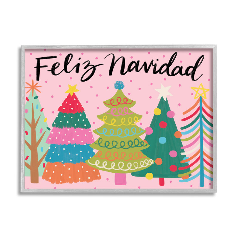 Ornements d'arbre de Noël à motifs fantaisistes Feliz Navidad, estampe numérique encadrée noire, art texturé par Deborah Curiel