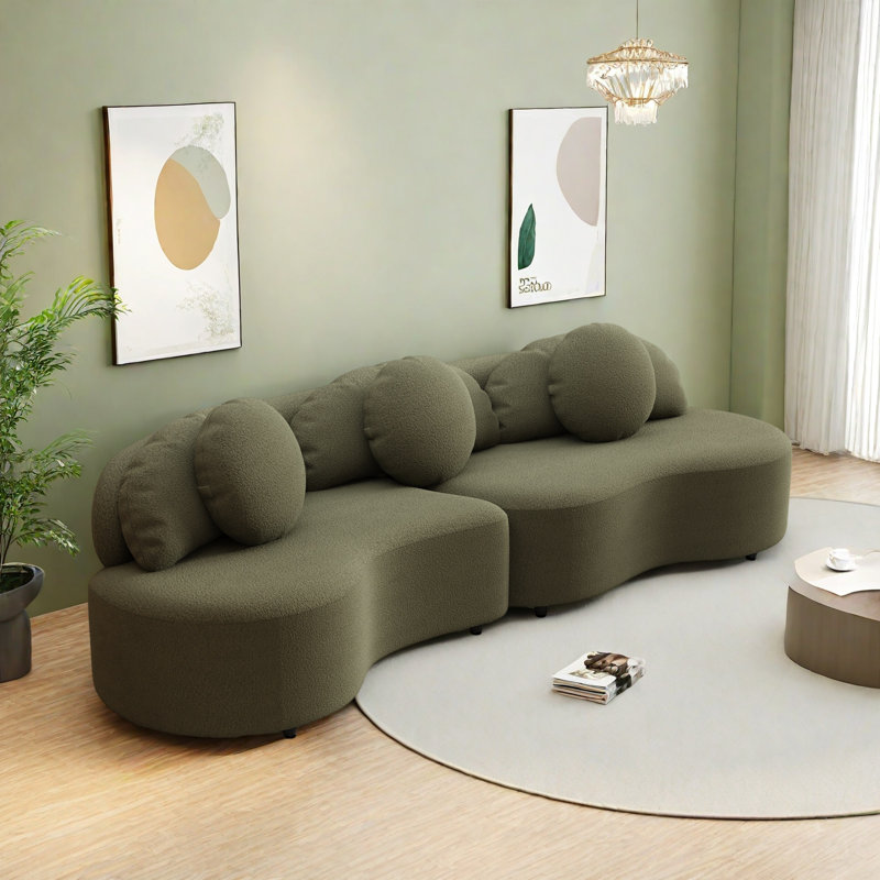 Modern Upholstered Living Room Sofa, Green Sherpa