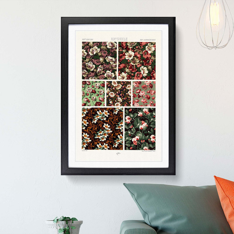 19th Century Floral Patterns by Albert Racinet - Picture Frame Painting Print, 87cm H x 62cm W x 2cm D, Black Framed