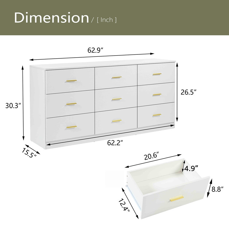 Commode moderne à 9 tiroirs pour la chambre à coucher - Vaste commode avec rangement, robuste et sécuritaire