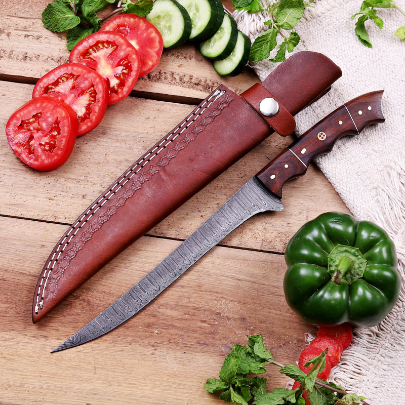Fillet Knife Handmade Damascus Steel Rose Wood Handle Use as Boning Fishing 