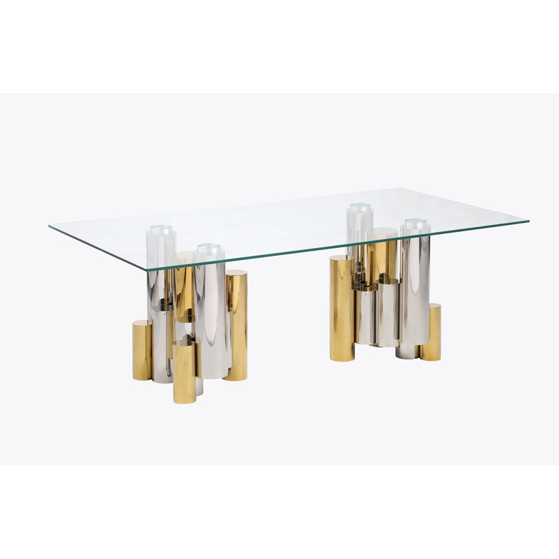 Rectangular Glass Coffee Table with Gold and Chrome Cylindrical Base