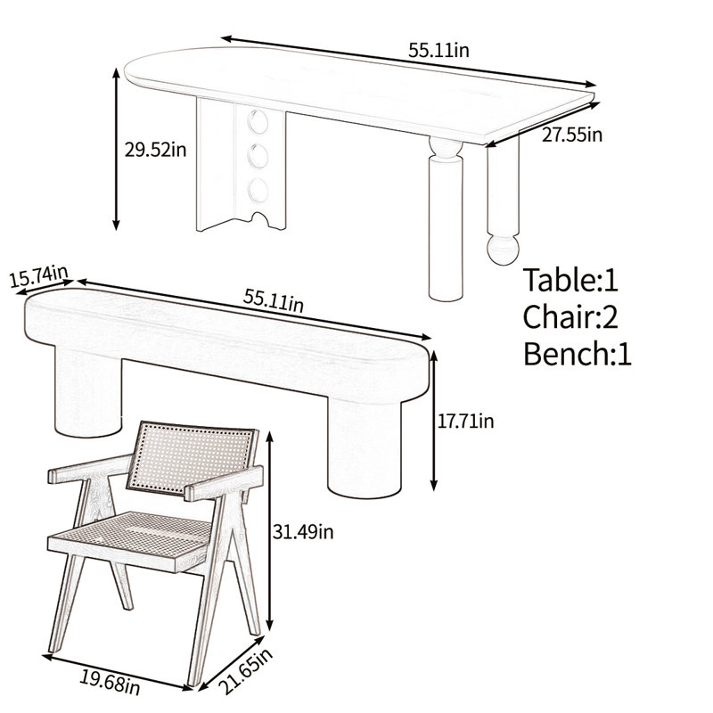 Creative solid wood table dining set, 29.52"H x 55.11"L x 27.55"W