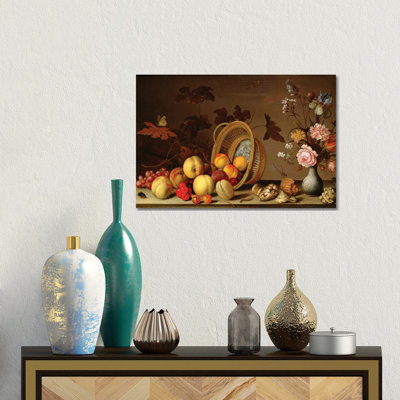 Pommes, cerises, raisins, prunes et un vase de fleurs - reproduction d'art mural - toile tendue